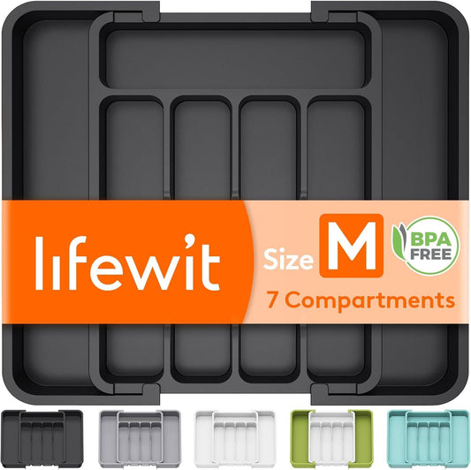 Lifewit Medium Cutlery Organizer, Expandable Utensil Organizer for Kitchen, Utensil Holder, Adjustable Cutlery Rack Organizer for Spoons, Knives, Kitchen Organizers and Storage, Black