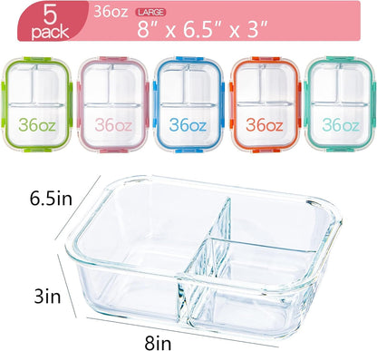 YOZOTI Glass Meal Prep Containers 3 Compartments Portion Control with Upgraded Snap Locking Lids Glass Food Storage Containers, Microwave, Oven, Freezer and Dishwasher (Black 5 Pack 3 Compartments)