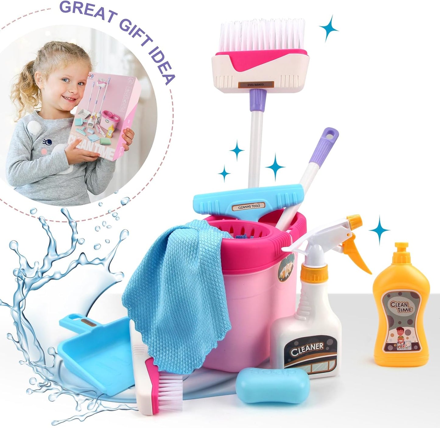 Coolplay Kids Cleaning Set for Toddlers Pretend Play Broom Set, 12pcs Mop and Cleaning Toys Set Pretend Playset Detachable Broom Mop Dustpan Pink Toy for Girls