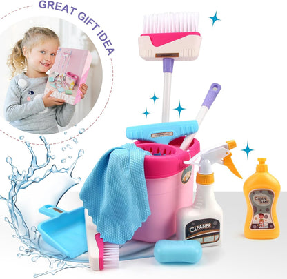 Coolplay Kids Cleaning Set for Toddlers Pretend Play Broom Set, 12pcs Mop and Cleaning Toys Set Pretend Playset Detachable Broom Mop Dustpan Pink Toy for Girls