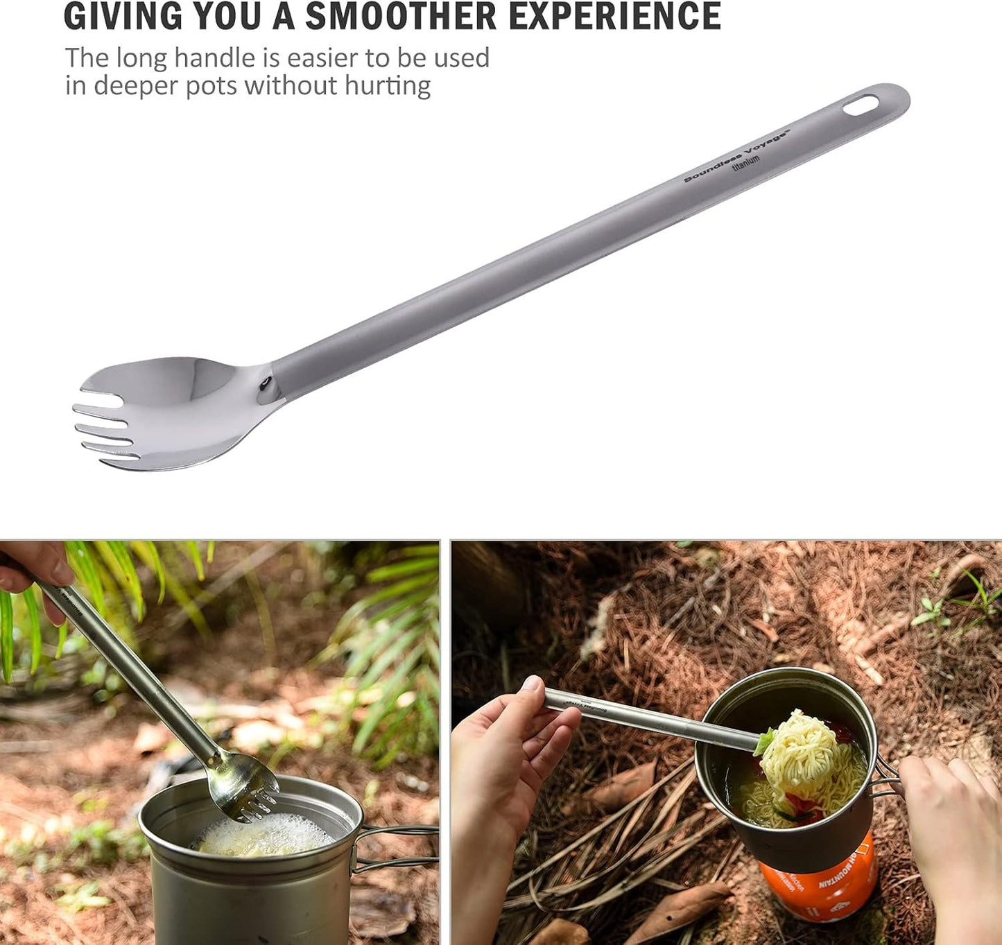 Boundless Voyage 220mm Titanium Long Handle Spoon Spork with Polished Bowl Lightweight Never-Rust (Ti) Professional Flatwear for Outdoor Camping/Travel/Home Use/with Storage Pouch 0.61oz Only
