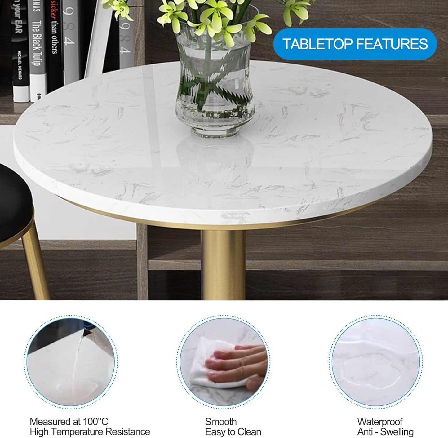 TWHZSAI Round Height Bar Pub Table/with Marble Tabletop And Gold Metal Sturdy Base Indoor-Outdoor Bar Bistro Height Table/Small Breakfast Bar Tall Tables for Kitchen,Dining Room,Living Room(Size:5