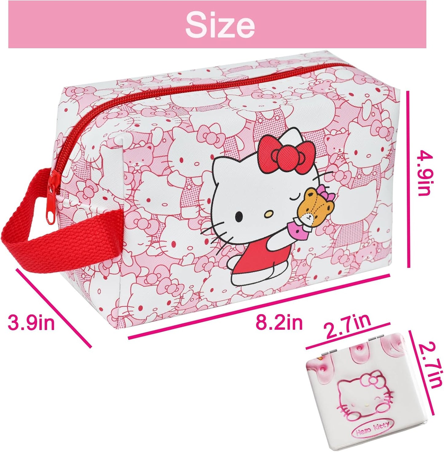 ENENSET kitty Travel Cosmetic Bag, Large Capacity Cartoon Cosmetic Pouch Makeup Bag with Zipper, PU Travel Toiletry Bag Makeup Accessories Organizer, Foldable Storage Bag Makeup Pouch for Girls, Hello