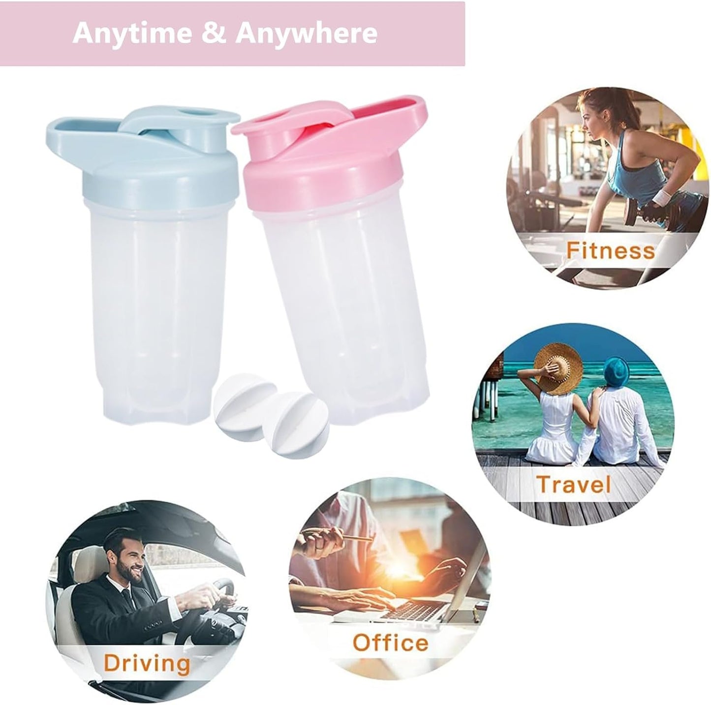 GAISHION Shaker Bottle Protein Shakes Cup and 10-Ounce/300ML Shaker Bottle with Whisk Balls, Protein Shaker Bottle Set,Non-BPA plastic (Blue+Pink(2PCS))