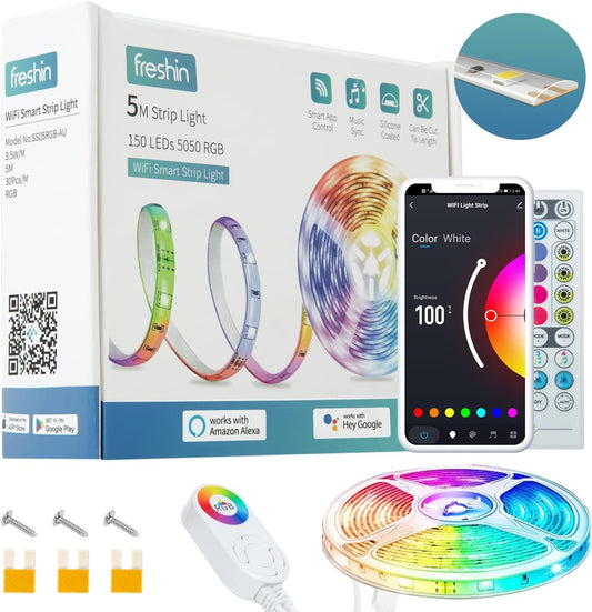 Silicone Coated Strip Light FRESHIN 16.4FT/5M RGBCW IP44 Dustproof Odorless Music Sync, Compatible with Alexa, Google Home