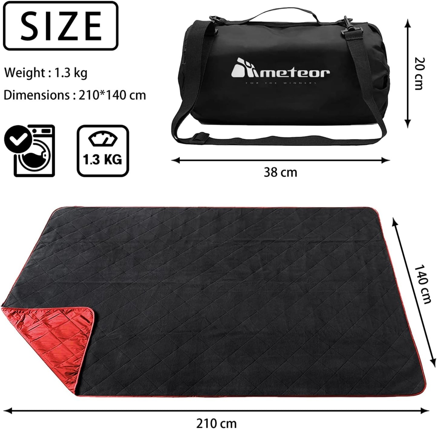Meteor Picnic Mat Extra Large 210x140cm - Picnic Rug, Camping Mat, Picnic Blanket, Waterproof, Windproof, Quilted Fleece Outdoor Mat for Camping, Beach, Travel, Stadium & Pets