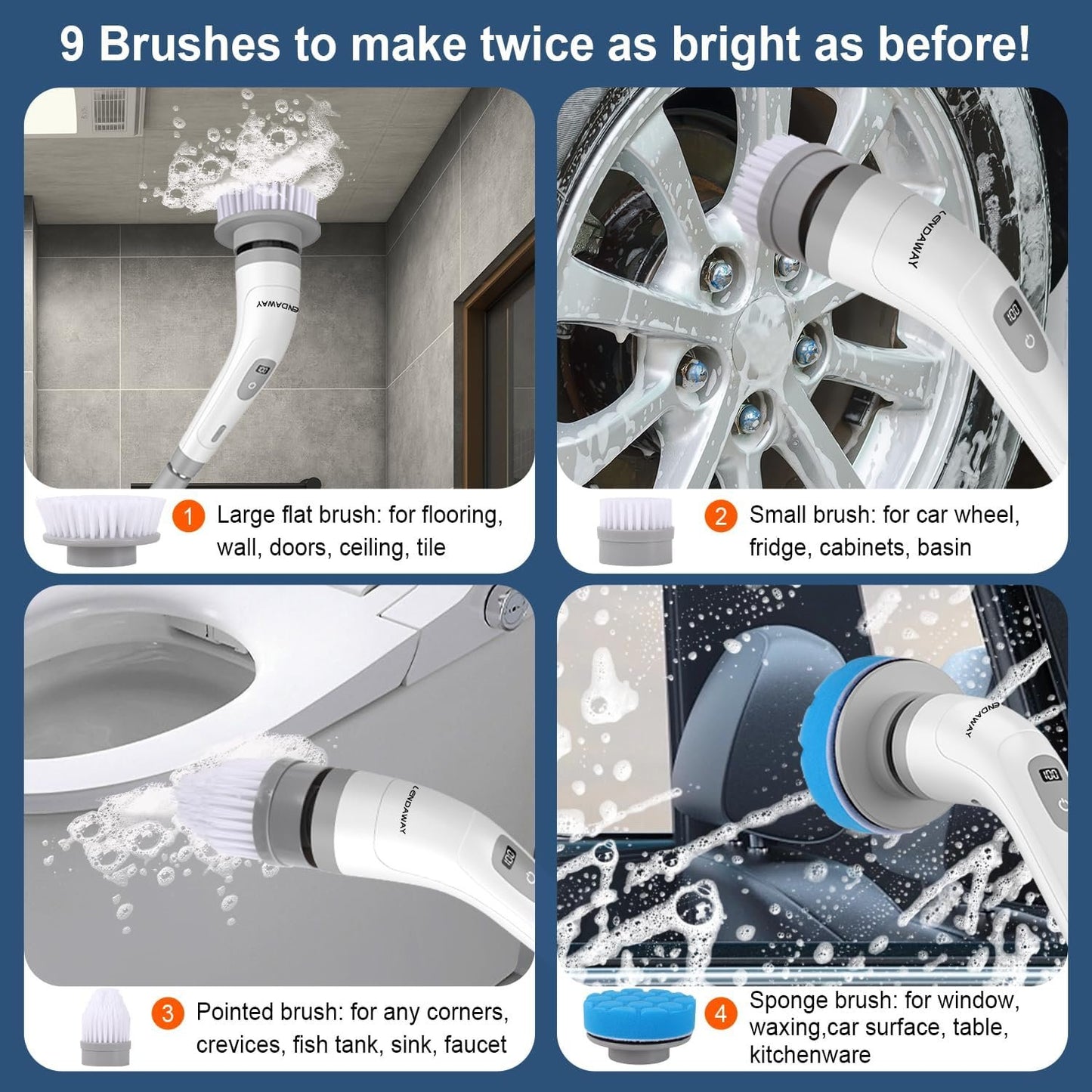 LENDAWAY 9-in-1 Multi-Purpose Electric Spin Scrubber,2 Speeds,Long Handle,Replaceable Brush Heads,for Cleaning Floors, Windows, Bathtubs, Grout, Tiles, Sink, Car (Greywhite)