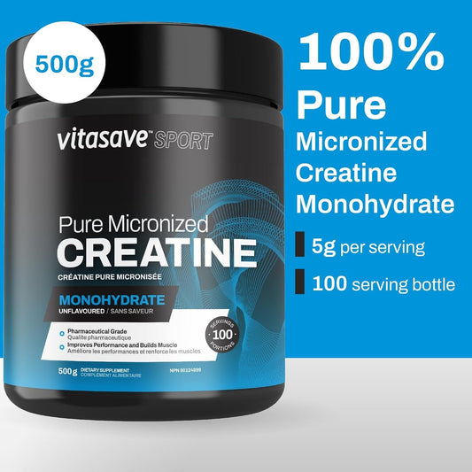 Vitasave Micronized Creatine Monohydrate Powder – 100% Pure Creatine for Muscle Growth, Strength & Performance – Fast-Absorbing, Ultra-Fine & Unflavored – Vegan, Non-GMO – 100 Servings (500g, Made in Canada)