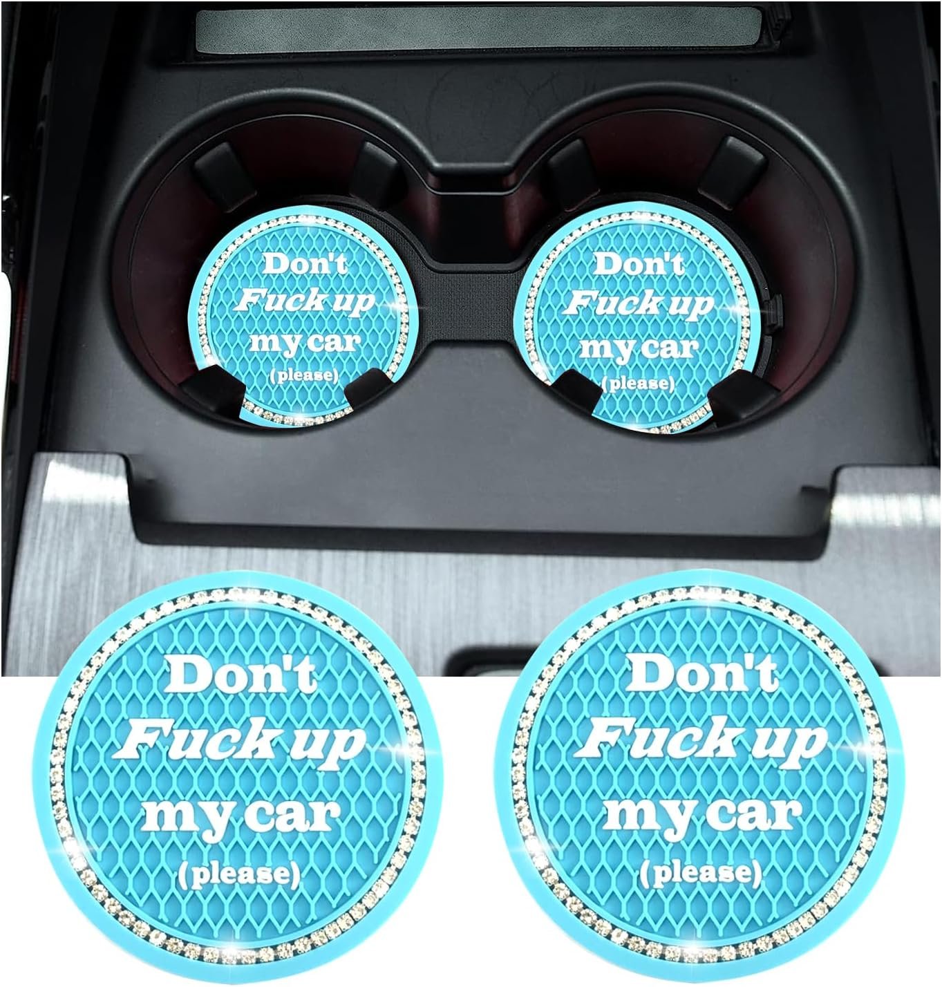 Kewucn 2 Pack Bling Car Cup Holder Coasters, 2.81 inch Anti-Slip Soft Rubber Crystal Rhinestone Auto Cup Insert Pad, Universal Vehicle Interior Decor Accessories for Car SUV Truck (Light Blue)