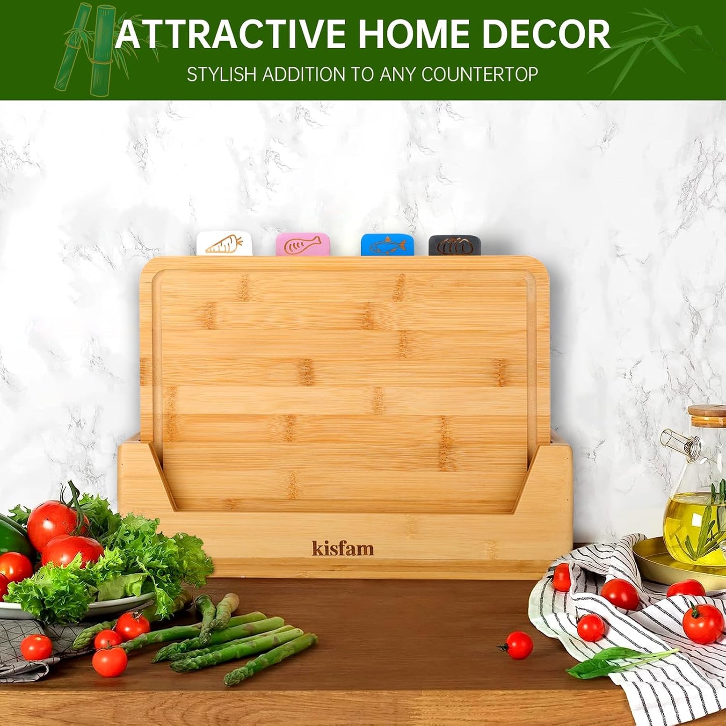 Bamboo Chopping Board, Cutting Board Set with Juice Groove, 4 Pieces Chopping Board Set with Stand, Perfect as Kitchen Tools & Gadgets, for Meat Prep Cheese Vegetables and Fruits