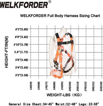 WELKFORDER 3D-Ring Fall Protection Safety Harness [3pt Adjustment＆Leg Tongue Buckles] with 6-Foot Internal Shock Absorbing Lanyard [Snap Hook End] | Permanent attached Kit | CSA Compliant
