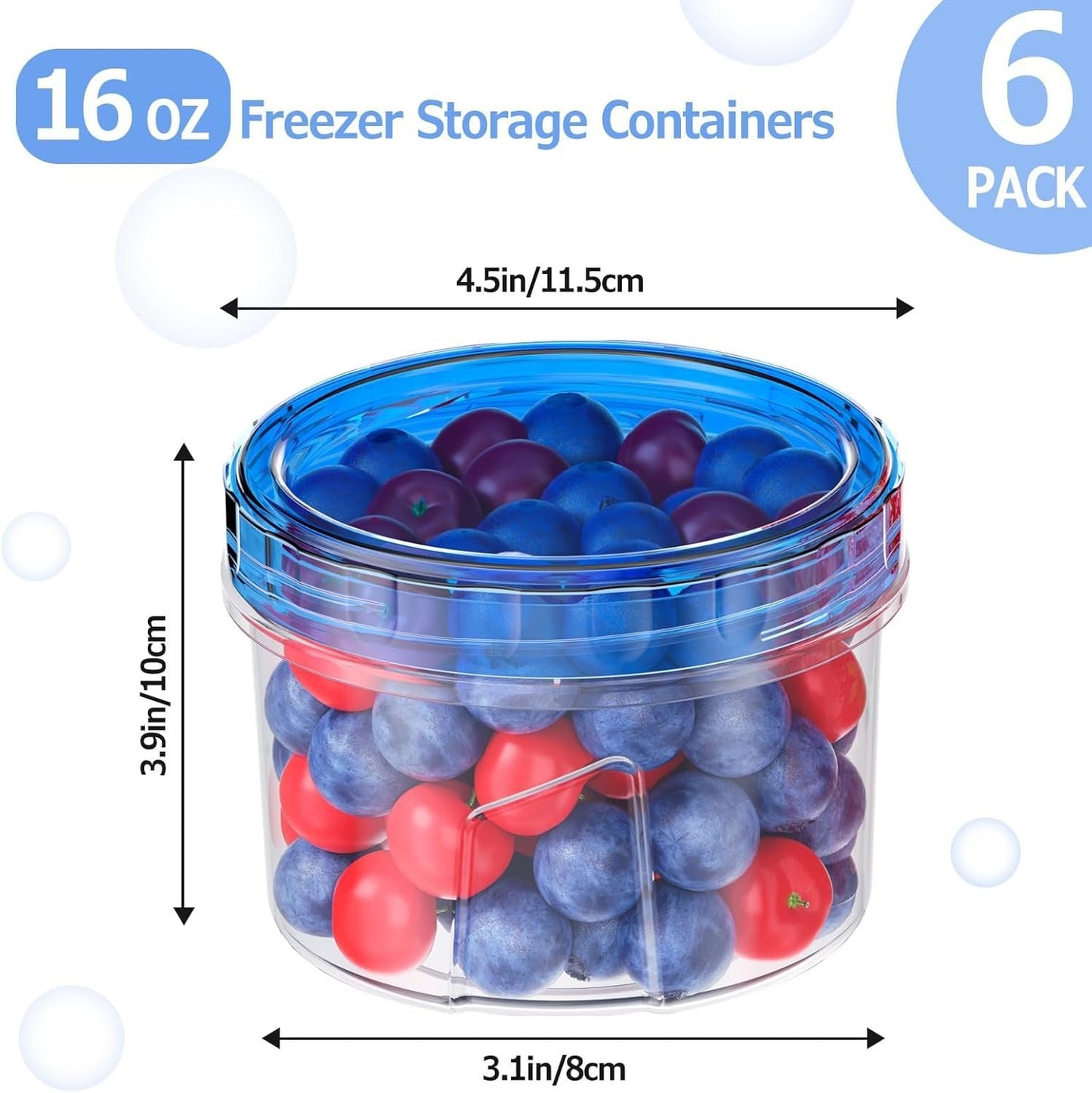 Freezer Storage Containers, 6 Pack-16 OZ Small Plastic Containers with Twist Top Lids, Round Food Storage Containers, Reusable Soup Container Microwave/Dishwasher Safe