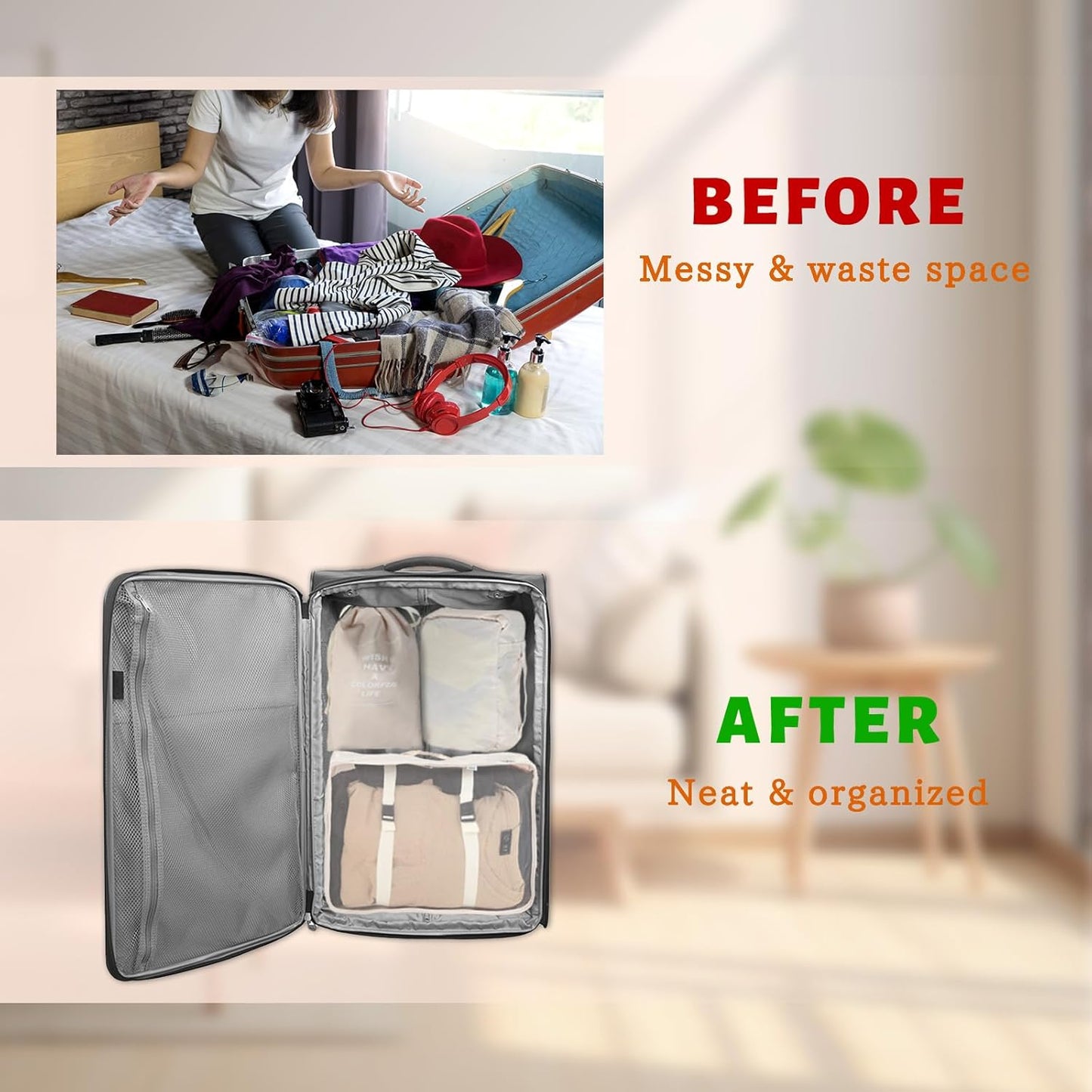 Space Saving Suitcase Organizer 8 Pieces - Packing Cubes for Travel, Suitcase Organizer with Clothes, Shoes and Cosmetics Bags - Useful Accessories Suitcase Organizer Set (Beige)