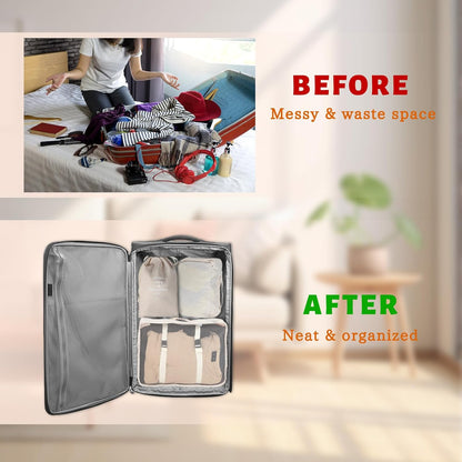 Space Saving Suitcase Organizer 8 Pieces - Packing Cubes for Travel, Suitcase Organizer with Clothes, Shoes and Cosmetics Bags - Useful Accessories Suitcase Organizer Set (Beige)