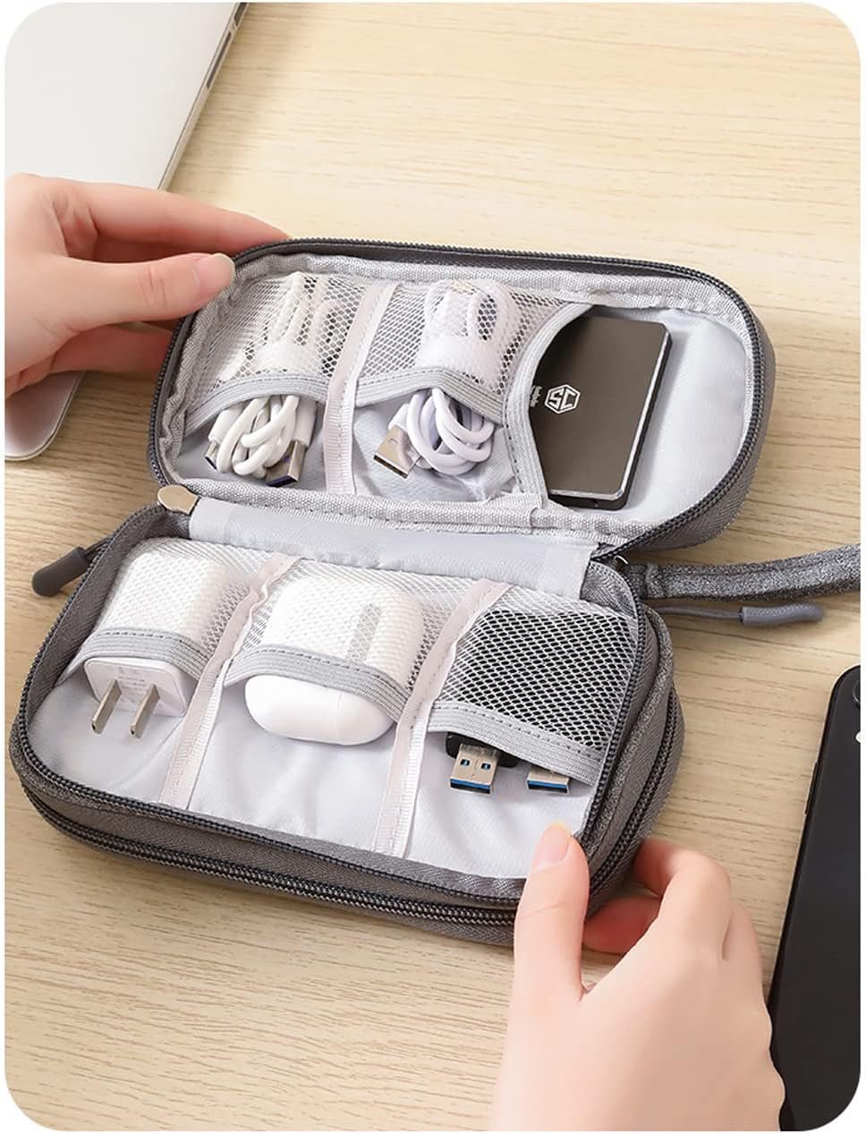 Double Layer Digital Accessory Storage Bag, Electronic Cable Organizer Bag, Multifunctional Travel Cable Organizer Bag, Electronic Accessories Case for Cables Adapters Chargers Wires Flash Disk (BK)
