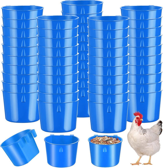 Sumind 60 Pieces Cage Cups Birds Hanging Feeders Seed Bowl 8 oz Plastic Chicken Feeder Water Bowl Hanging Chicken Waterer Feeding Watering Dish Coop Cups for Gamefowl Parrot Parakeet Poultry(Blue)