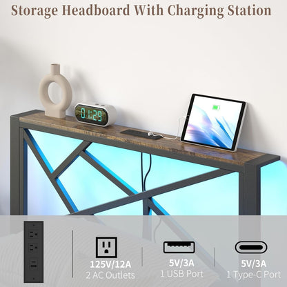 ChicZhiNest Twin Size Black Metal Bed Frame with USB Charging Station, LED Ambient Lighting, and Wooden Storage Headboard - Includes Under-Bed Storage, No Box Spring Needed, Noise Free, Easy Assembly