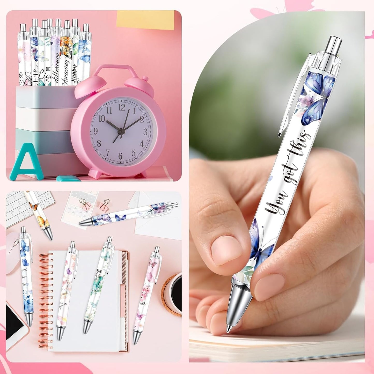 Wxiben Butterfly Inspirational Ballpoint Pens - 24PCS Butterfly Print Pens Set Retractable Positive Flower Pens Smooth Writing Floral Pens for Office Stationery School Supplies for Women Teacher Gift