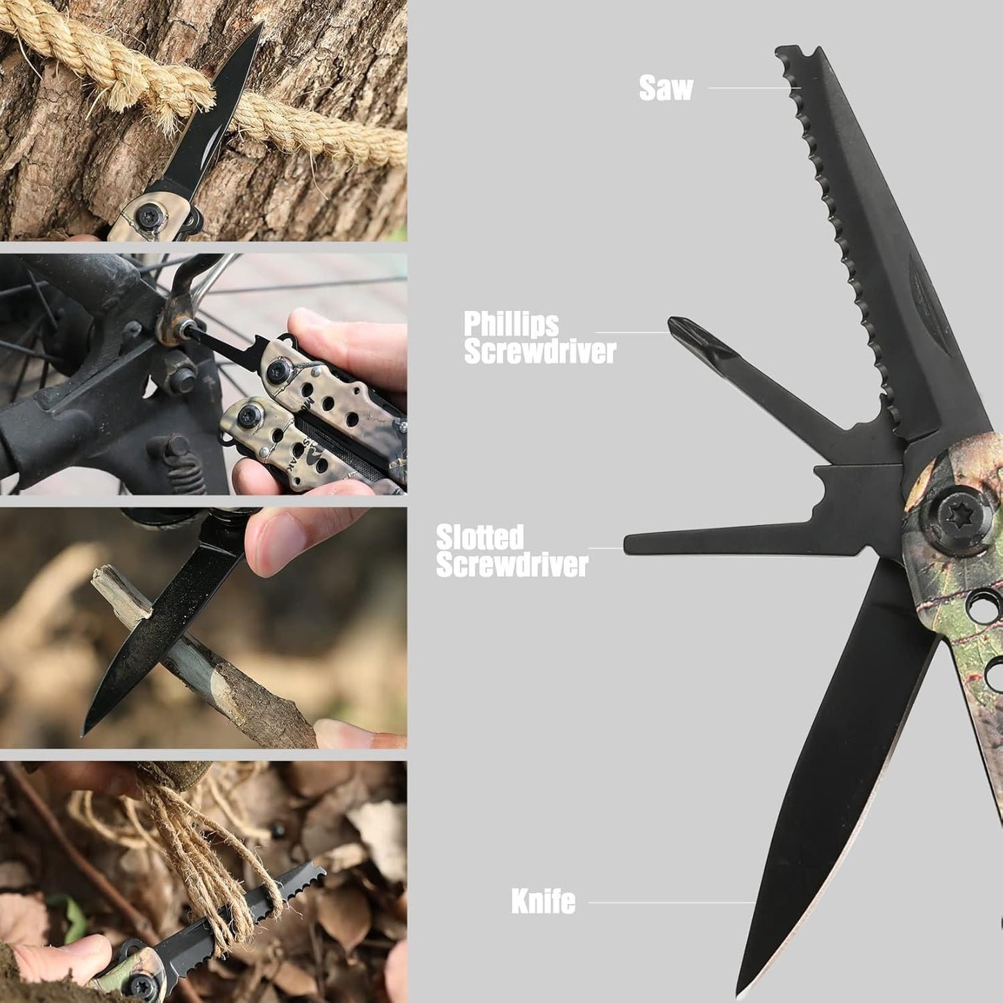 MOSSY OAK Camo Multi Tool Portable Outdoor Folding Pocket Multitool with Nylon Sheath, Knife, Pliers, Screwdrivers and More, Stainless Steel