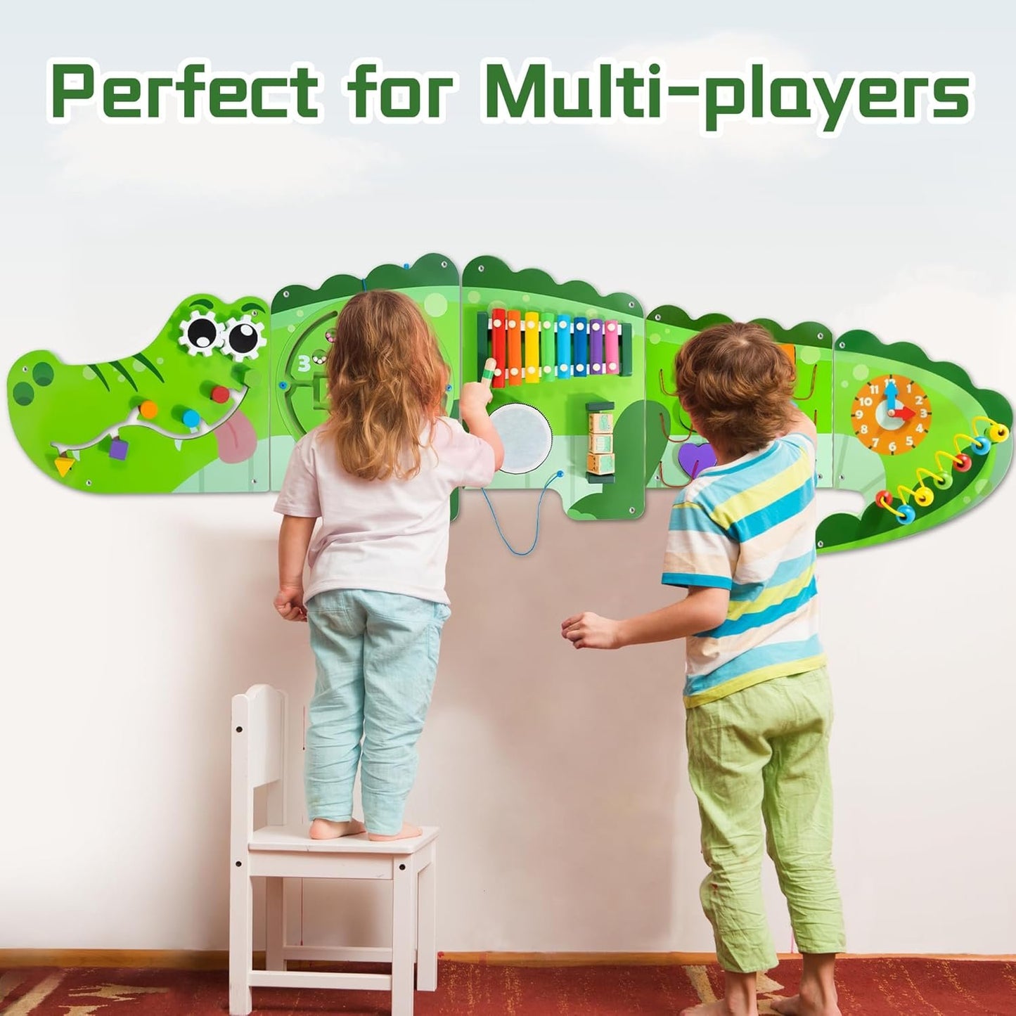 HELLOWOOD Crocodile Activity Wall Panels, 9-in-1 Wall-Mounted Crocodile Busy Board Wooden Montessori Educational Sensory Board Playroom Wall Toys Daycare Learning Toy for Girls Boysâ€¦