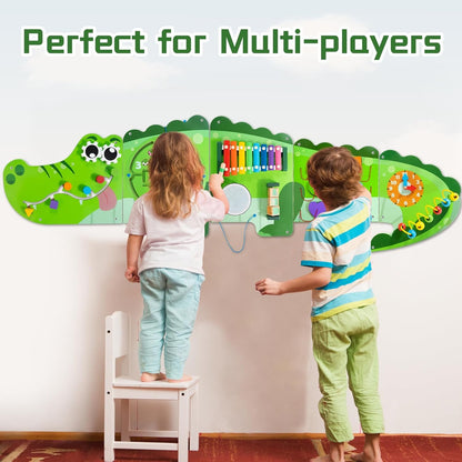 HELLOWOOD Crocodile Activity Wall Panels, 9-in-1 Wall-Mounted Crocodile Busy Board Wooden Montessori Educational Sensory Board Playroom Wall Toys Daycare Learning Toy for Girls Boysâ€¦