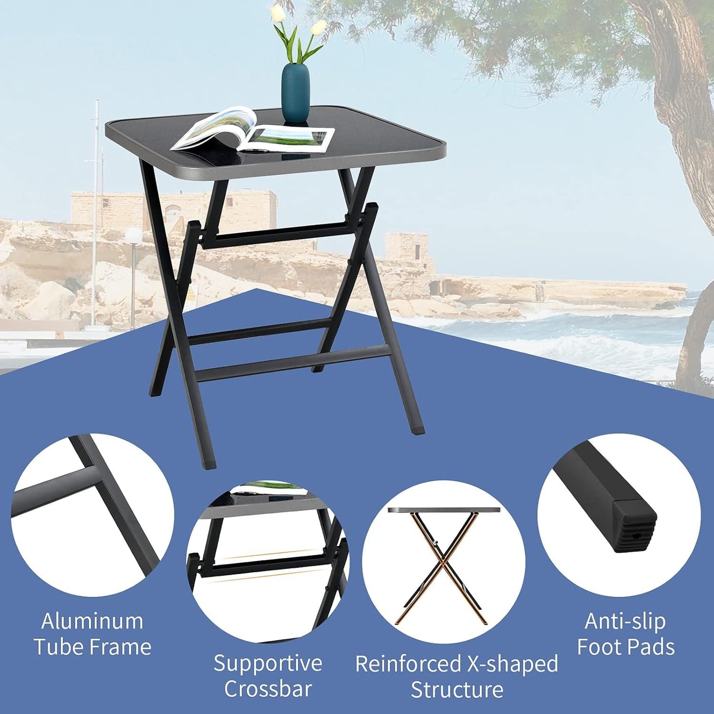 Tangkula Patio Folding Square Dining Table, 27.5” Rustproof Aluminum Coffee Table w/Tempered Glass Tabletop, Portable Indoor Outdoor Bistro Glass Table for Balcony Backyard Poolside (Black)