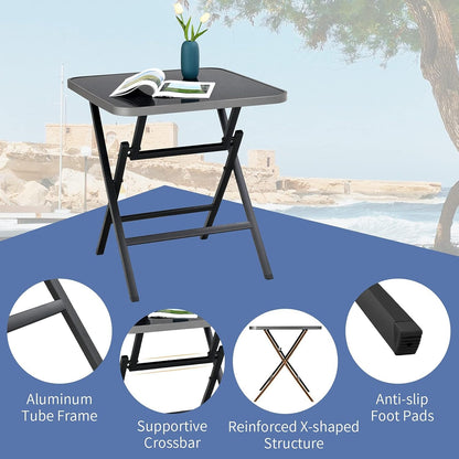 Tangkula Patio Folding Square Dining Table, 27.5” Rustproof Aluminum Coffee Table w/Tempered Glass Tabletop, Portable Indoor Outdoor Bistro Glass Table for Balcony Backyard Poolside (Black)