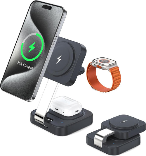 Portable Wireless Charger for iPhone, 3 in 1 Charging Station for Apple Devices, Fast Foldable Mag-Safe Charger Stand Compatible with iPhone 16/15/14/13/12 Series & iWatch & AirPods