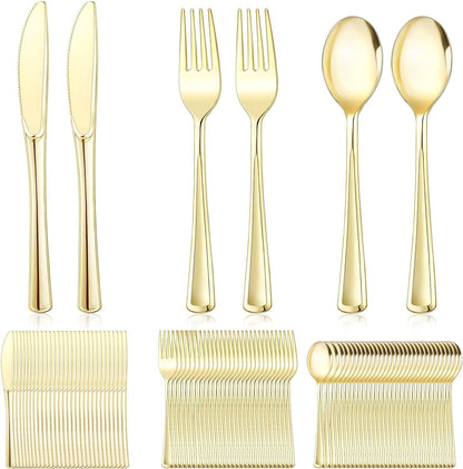 120 PCS Gold Plastic Silverware Sets, Disposable Heavy Duty Gold Utensils Sets,Includes 40 Forks,40 Spoons,40 Knives, for Wedding Reception Family Gatherings, Party, Birthdays and Daily Use