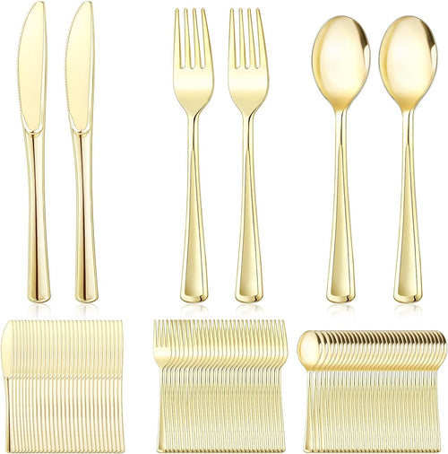 120 PCS Gold Plastic Silverware Sets, Disposable Heavy Duty Gold Utensils Sets,Includes 40 Forks,40 Spoons,40 Knives, for Wedding Reception Family Gatherings, Party, Birthdays and Daily Use