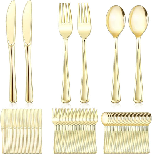 120 PCS Gold Plastic Silverware Sets, Disposable Heavy Duty Gold Utensils Sets,Includes 40 Forks,40 Spoons,40 Knives, for Wedding Reception Family Gatherings, Party, Birthdays and Daily Use