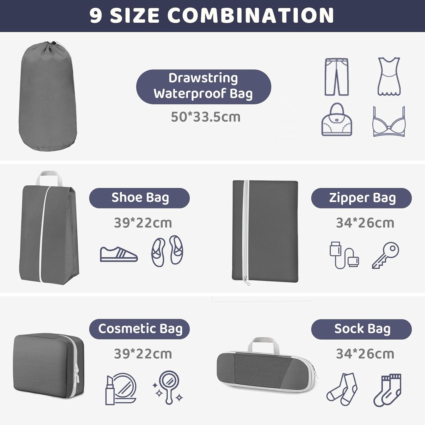 Avmvnvc 9-Piece Suitcase Organizer, Compression Packing Cube, Space-Saving Organizers, Travel Organizer Set, Dividers Suitcase for Clothes, Shoes, Cosmetics, Grey