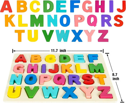 Kunmark Wooden Alphabet Puzzle ABC Jigsaws Chunky Letters Early Learning Toys for Kindergarten and Toddlers-est Educational Toy Preschool Learning, Spelling, Counting (Uppercase Letter)