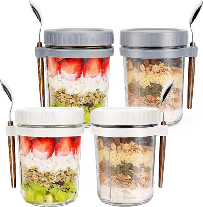 HJB VISSO Glass Jars, Overnight Oats Container with Lid and Spoon [4 Pack], Overnight Oats Jars, 350ml / 10 oz Cereal, Milk, Vegetable and fruit Salad Storage Container with Measurement Marks