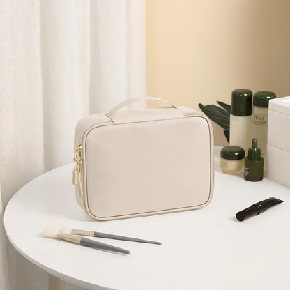 Makeup Bag, Small Travel Makeup Cosmetic Bag for Women, Portable Make up Brushes Holder Bag, Toiletry Bag, Compact Cosmetic Case Organizer, Beige
