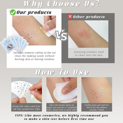 HOSAILY 6 pcs Holographic Multichrome Glitter Freckles Face Tattoo, Waterproof Sparkle Face Glitter Speckles Patches for Women, Cute Star Glitter Temporary Tattoo Makeup Accessories for Festival Rave