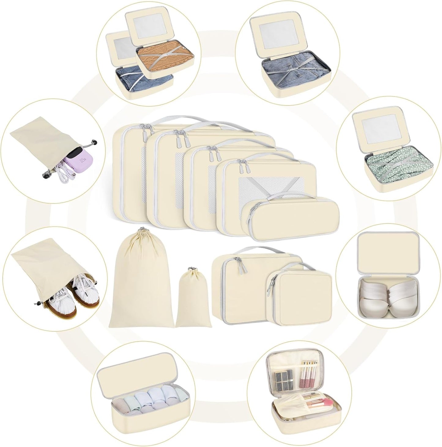 Avmvnvc 9-Piece Suitcase Organiser Set, 9 in 1 Travel Organizer, Space-Saving Suitcase, Travel Cube System for Clothes, Shoes, Cosmetics, Beige