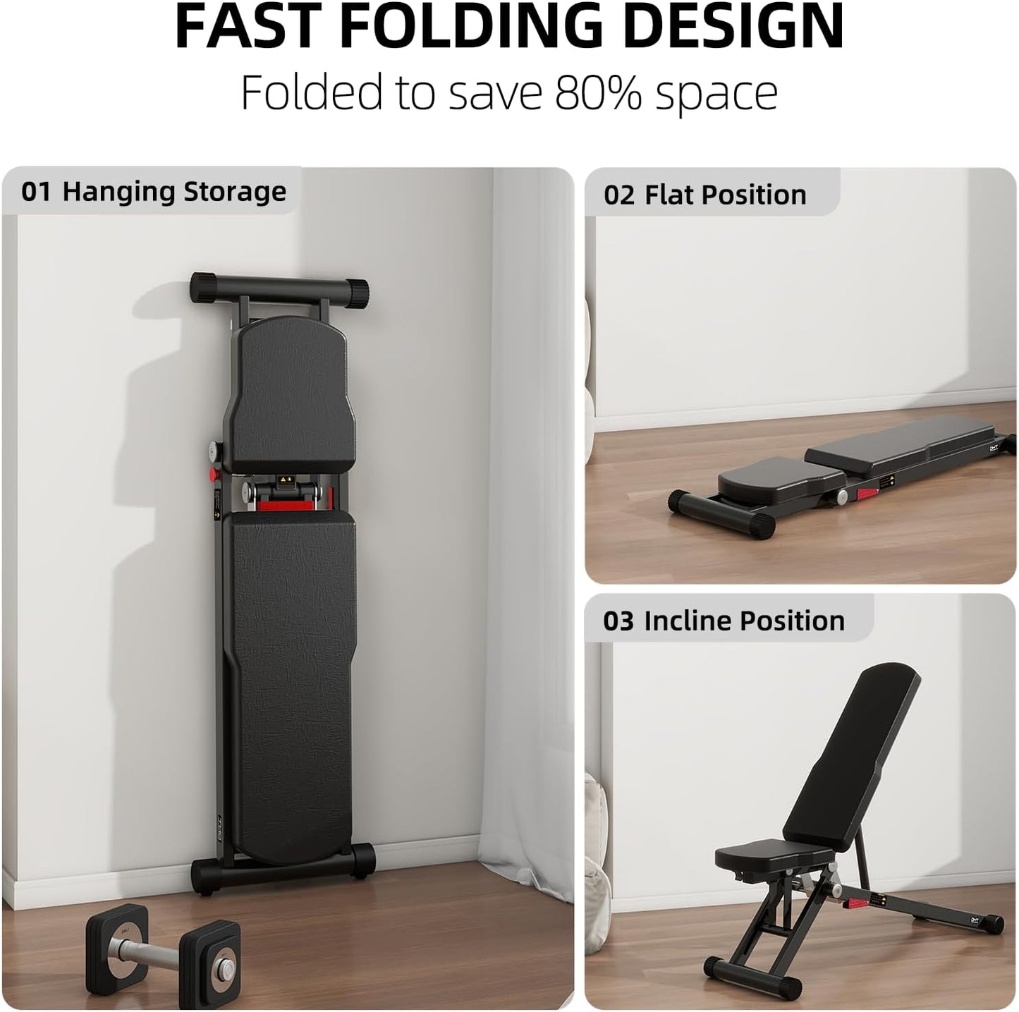 DHT Weight Bench, Adjustable Weight Benches for Home Gym, Workout Bench with Fast Folding, Incline Decline Bench Press for Full Body, Black