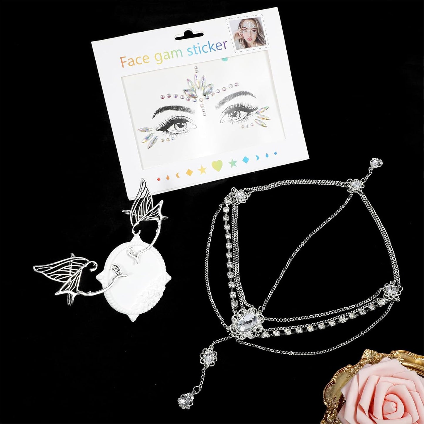 Elf Hair Accessories Boho Women Elf Ears Earrings Silver Hair Jewelry Tiara Elf Crystal Glitter Make Up Stickers Glitter Face Glitter Accessories Headwear Halloween Costume Cosplay, Metal