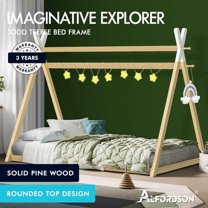 ALFORDSON Wooden Timber House Bed Frame Teepee Single, Solid Wood Bed Base Foundation Children's Mattress Base Platform, Taran Series Bedroom Furniture in Todd Color