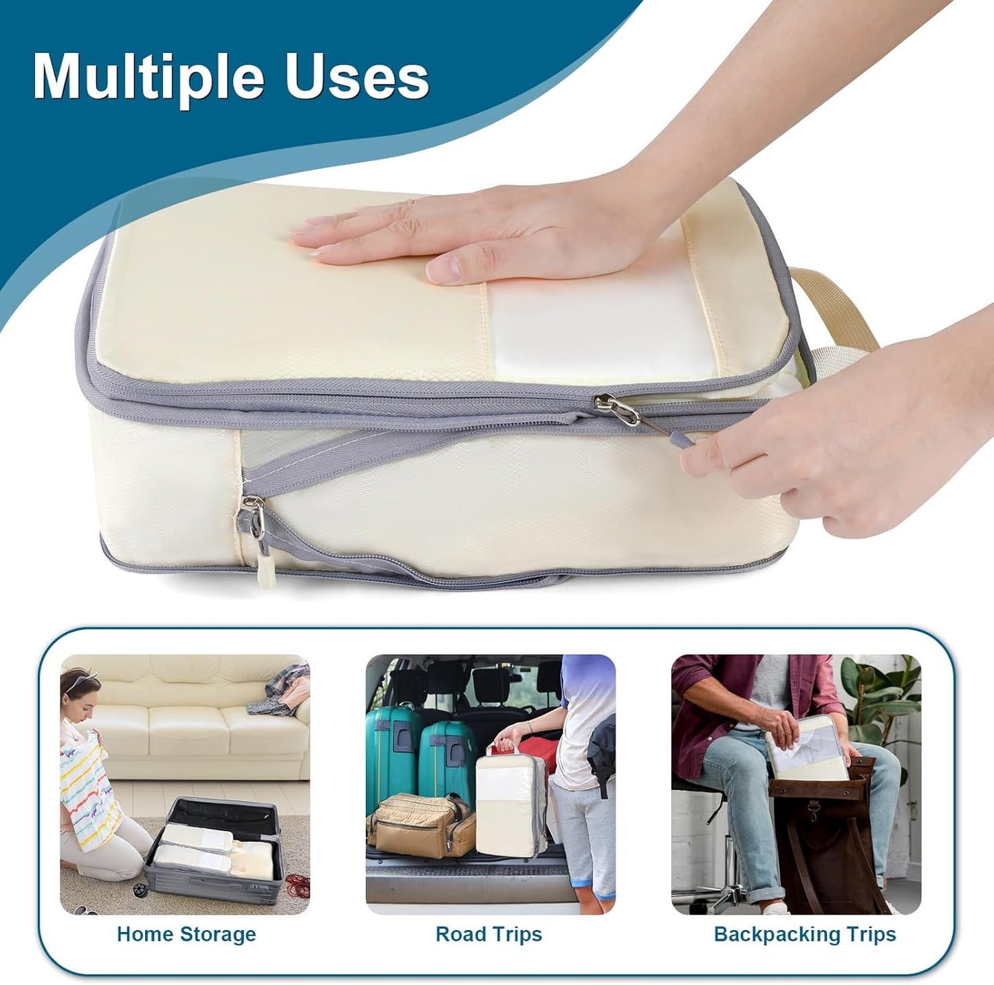 Cozary Suitcase Organizer - Packing Cubes Set with Compression and Waterproof Polyester Fabric, Travel Underwear Set for Backpacks or Hand Luggage, Perfect for Travel and Camping - Beige