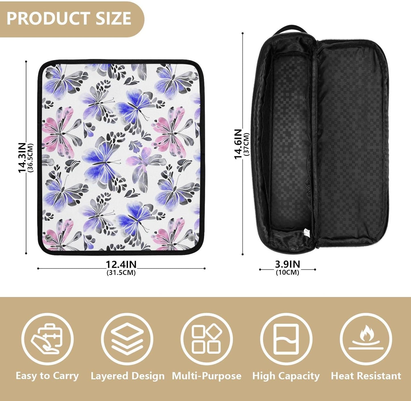 Borsa da viaggio per strumenti per capelli con tappetino resistente al calore, organizer per strumenti per capelli, accessori per la cura dei capelli, farfalle misteriose viola, elementi essenziali da