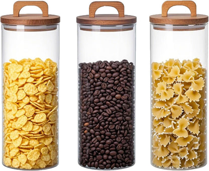 Set of 3 Glass Jars Food Storage Containers with Wooden Lid - Airtight Kitchen Canisters for Spaghetti, Coffee beans, Oat,cereal,Tea, Flour, Sugar, Food Jars With Acacia Wood Lids (1750ml/59oz)