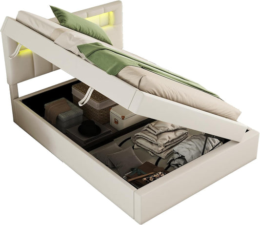 Azkoeesy LED Light Up Upholstered Bed with Storage Box Luxury Single Bed Slatted Base Velvet Upholstered Bed (Beige, 90 x 200cm)