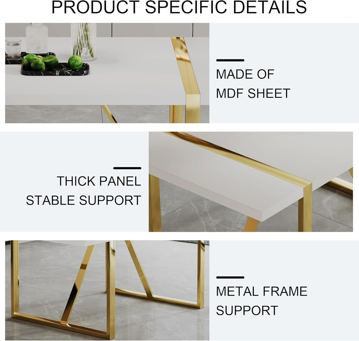 CTPNMCIN Modern Dining Table, 55'' Dining Room Table for 4-6 People, White Wood Tabletop with Gold Metal Legs, Suitable for Small Space