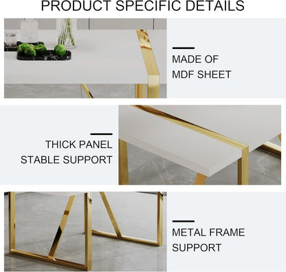 CTPNMCIN Modern Dining Table, 55'' Dining Room Table for 4-6 People, White Wood Tabletop with Gold Metal Legs, Suitable for Small Space