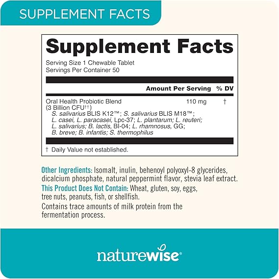 NatureWise Oral Probiotics for Teeth & Gums & Fresh Breath* - Chewable Sugar-Free Mint Tablet - Dental Support for Kids & Adults w/ BLIS K12 & M18 - Non-GMO - 50 Count[50-Day Supply]