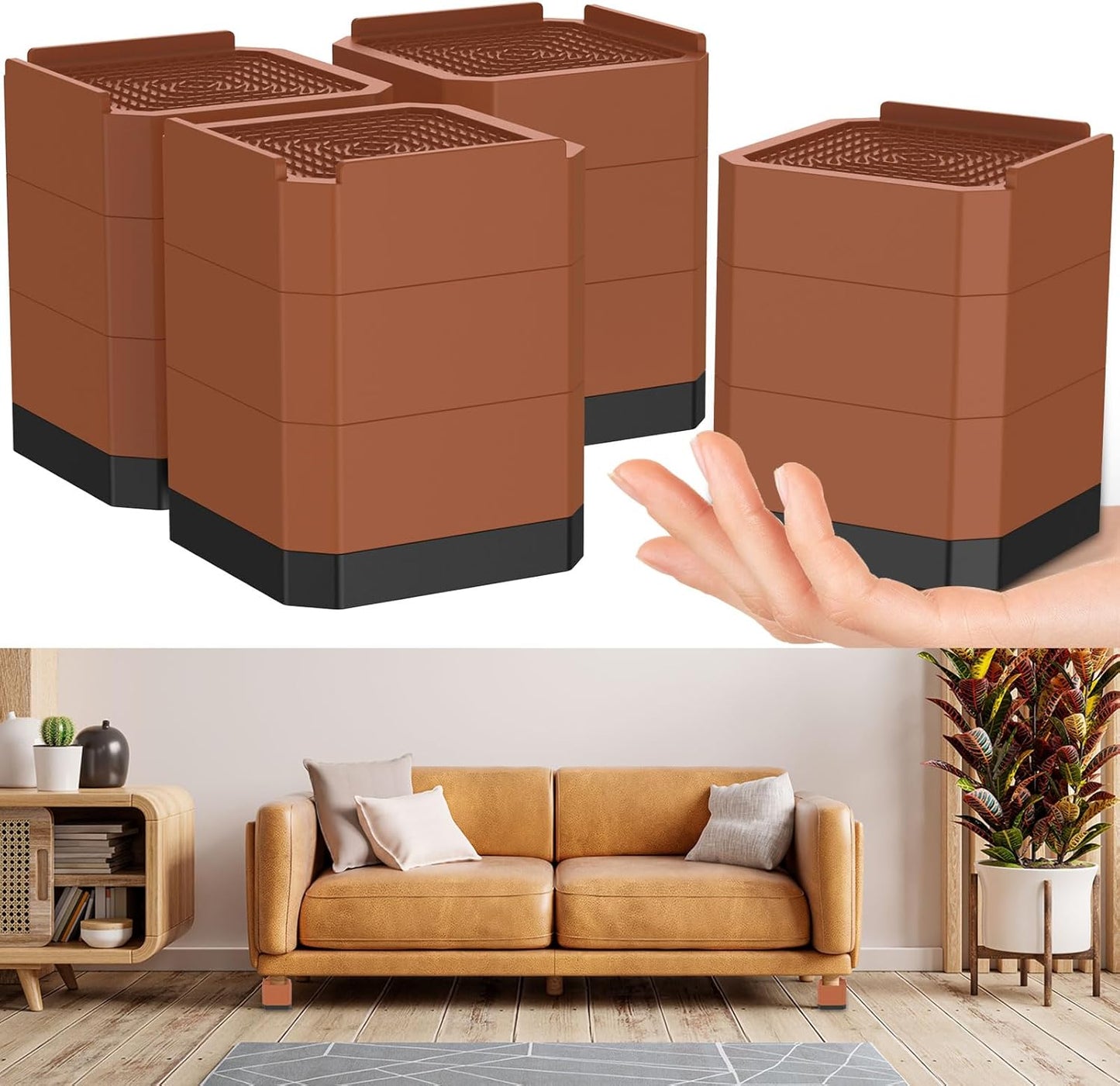 Bed Risers 3-Layer Detachable Adjustable Furniture Risers, Heavy-Duty Stackable Bed Lifts Risers, Durable & Stable Table Couch Sofa Bed Risers Detachable Bed Risers, Reusable Bed Risers (Brown)