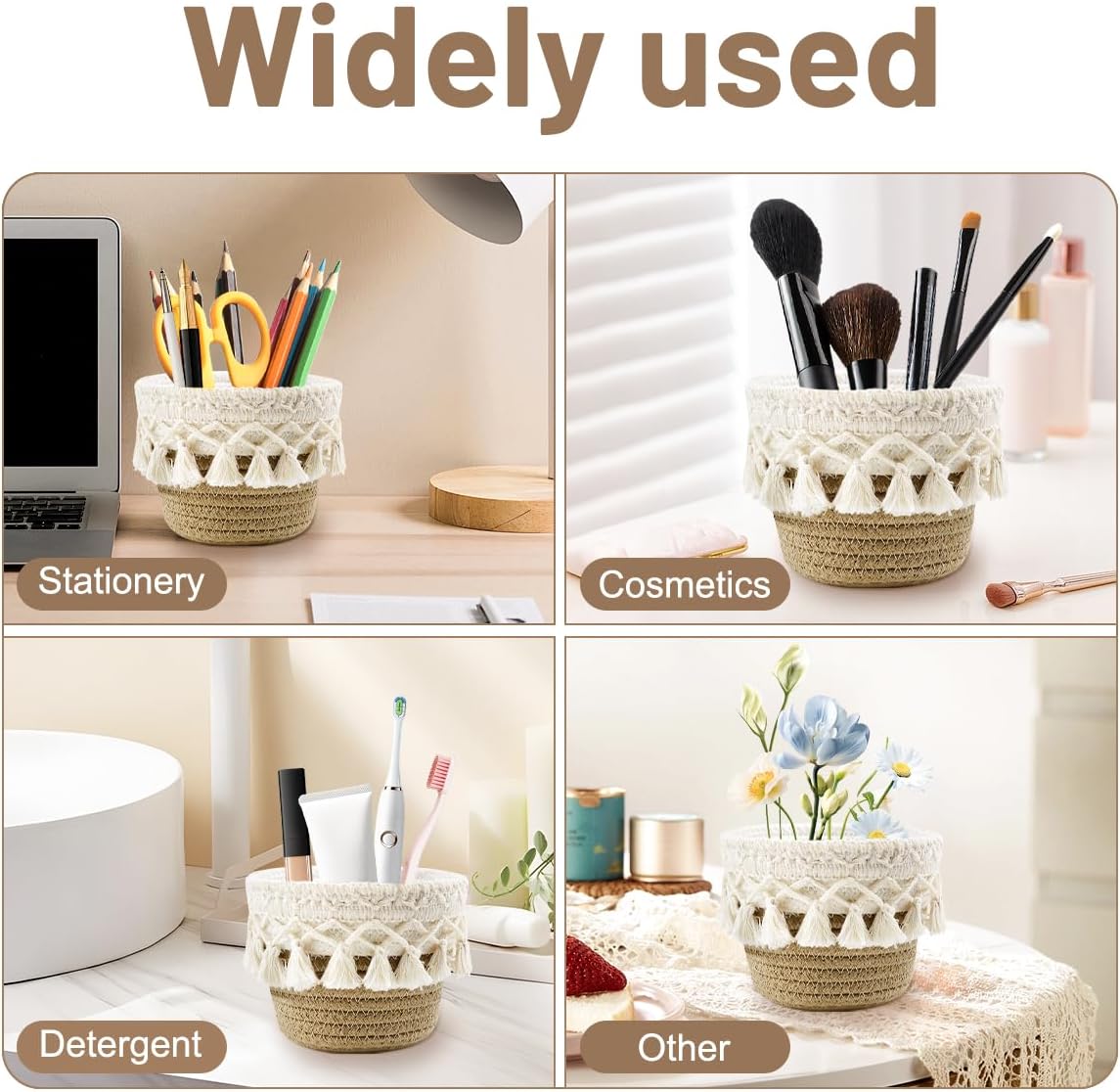 2 Pieces Boho Cosmetic Brush Holder 10 x 10 cm Woven Storage Baskets Organizer for Makeup Brushes Pen Brush Makeup Brushes Makeup Organizer Cosmetic Organizer