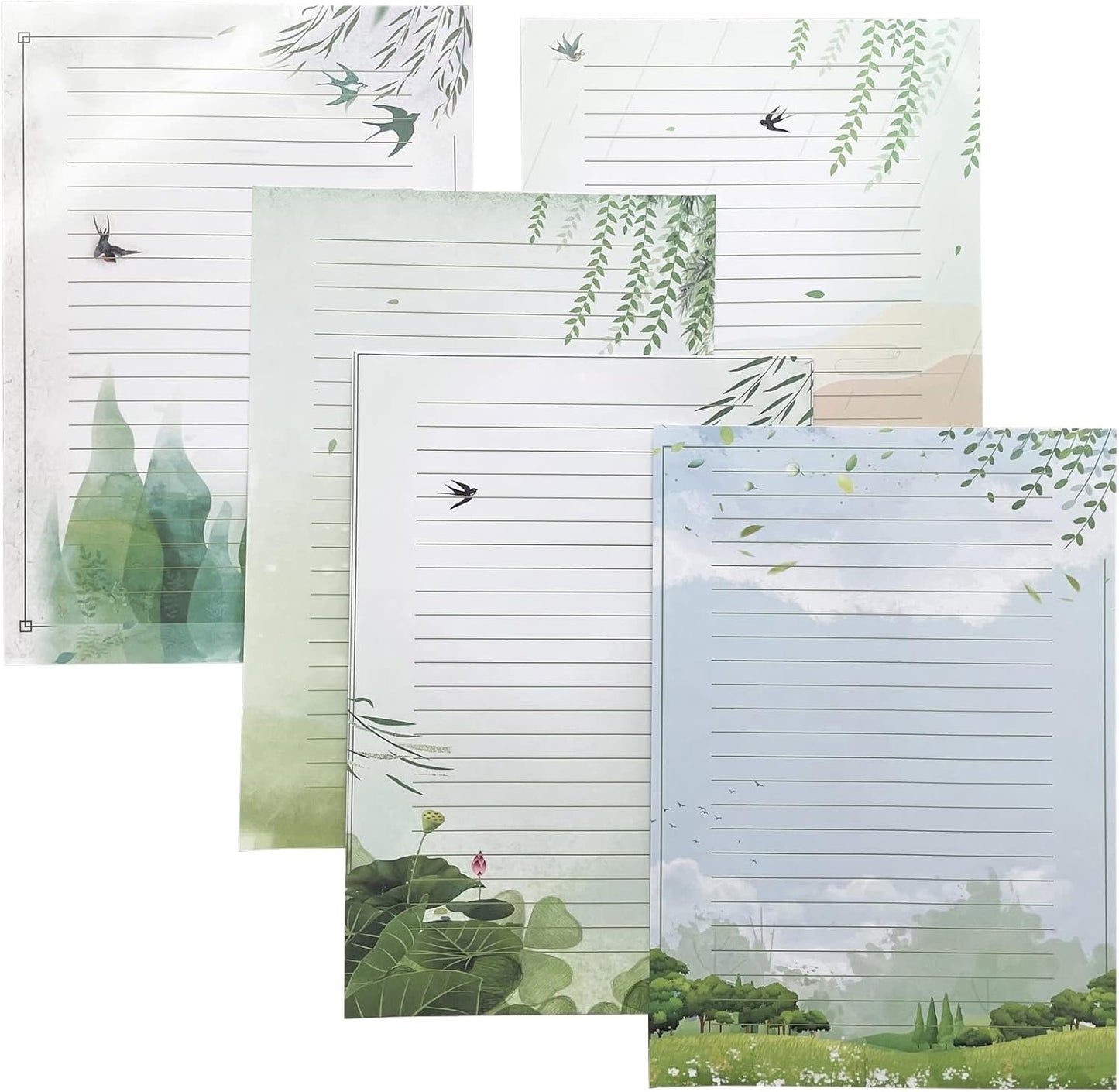 50 Lined Writing Paper Set, Stationery Paper for Writing Letter, 100 GSM Printer Papers, 5 Different Style (11.7 x 8.26")